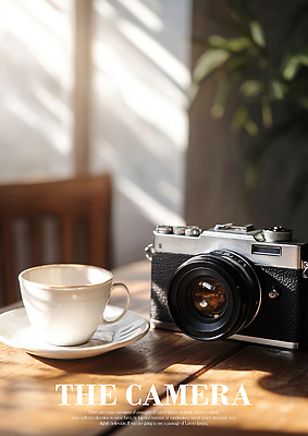 PSD 편집이미지 잎 사진 실내 취미 사람없음 햇빛 커피잔 컵받침 카메라렌즈 나무탁자 필름카메라 이미지편집 식물 커피 탁자 잔 내부 태양 카메라 받침대 파일형식