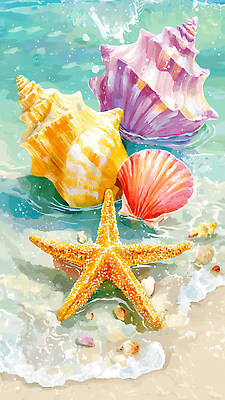 JPG 물결 모래 파도 일러스트 조개 불가사리 해변 사람없음 컬러풀 여름풍경 소라 시원함 트로피컬아트 국내일러스트 AI일러스트 AI콘텐츠 바다 컬러 어패류 극피동물 풍경 그림 파일형식 여름_계절