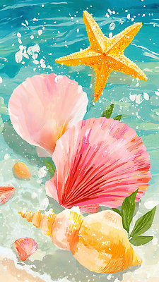 JPG 물결 모래 파도 잎 일러스트 조개 불가사리 해변 사람없음 컬러풀 여름풍경 소라 시원함 트로피컬아트 국내일러스트 AI일러스트 AI콘텐츠 식물 바다 컬러 어패류 극피동물 풍경 그림 파일형식 여름_계절