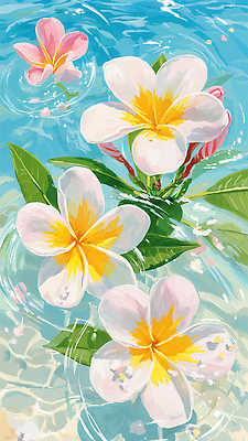 JPG 물결 잎 일러스트 사람없음 물 여름풍경 시원함 플루메리아 트로피컬아트 국내일러스트 AI일러스트 AI콘텐츠 자연요소 식물 꽃 풍경 그림 파일형식 여름_계절