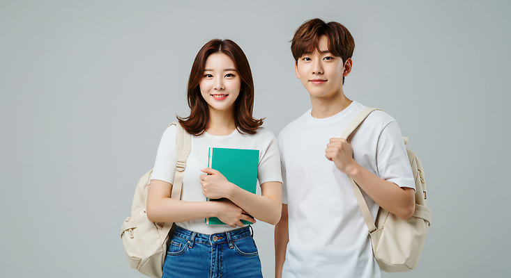 JPG 편집이미지 여자 남자 대학생 미소 들기 상반신 성인 두명 책 잡기 백팩 의료성형뷰티 성인만 편집실사 AI인물포토 AI콘텐츠 학생 가방 모션 표정 사람 CG 파일형식 AI포토