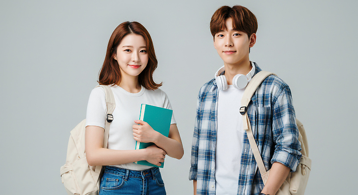 JPG 편집이미지 여자 남자 대학생 미소 들기 상반신 성인 두명 책 헤드셋 백팩 의료성형뷰티 성인만 편집실사 AI인물포토 AI콘텐츠 학생 음향기기 가방 모션 표정 사람 헤드폰 CG 파일형식 AI포토