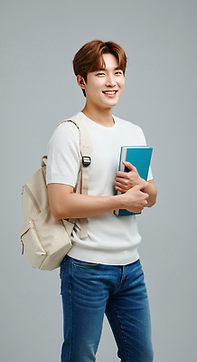 JPG 편집이미지 남자 대학생 한명 미소 들기 성인 책 백팩 의료성형뷰티 성인남자한명만 편집실사 AI인물포토 AI콘텐츠 1 학생 가방 모션 표정 사람 CG 남자한명만 성인남자만 파일형식 AI포토