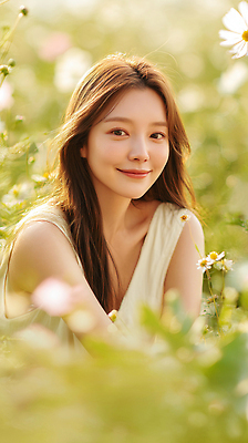 JPG 편집이미지 여자 꽃밭 한명 웃음 상반신 성인 햇빛 뷰티 뷰티풀 의료성형뷰티 몽환 성인여자한명만 편집실사 AI인물포토 AI콘텐츠 1 꽃 컨셉 표정 사람 태양 CG 여자한명만 성인여자만 파일형식 AI포토