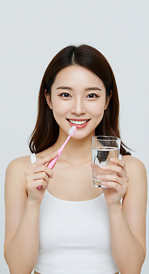 JPG 편집이미지 여자 한명 웃음 들기 상반신 성인 건강관리 흰색 칫솔 양치컵 치아건강 의료성형뷰티 성인여자한명만 편집실사 AI인물포토 AI콘텐츠 1 컬러 모션 표정 건강 관리 사람 컵 위생용품 양치 CG 여자한명만 성인여자만 파일형식 AI포토
