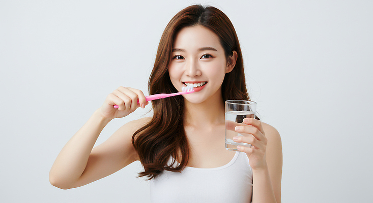 JPG 편집이미지 여자 한명 웃음 들기 상반신 성인 건강관리 흰색 칫솔 양치컵 치아건강 의료성형뷰티 성인여자한명만 편집실사 AI인물포토 AI콘텐츠 1 컬러 모션 표정 건강 관리 사람 컵 위생용품 양치 CG 여자한명만 성인여자만 파일형식 AI포토