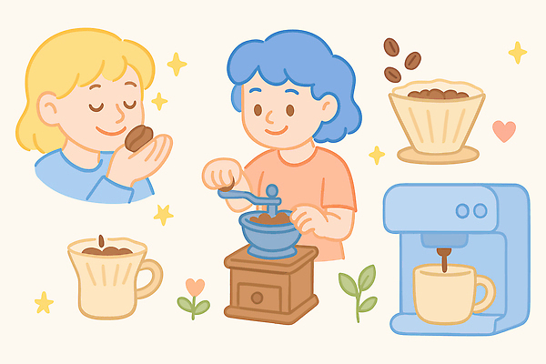 여자 잎 일러스트 미소 들기 상반신 성인 두명 반짝임 눈감음 원두 커피메이커 향기 그라인더 드립커피 엘리먼트 핸드드립 성인여자만 홈카페 국내일러스트 AI파일 식물 커피 모션 표정 사람 카페 냄새 커피용품 여자만 성인만 파일형식 벡터