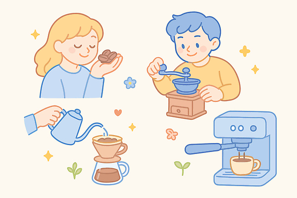 여자 남자 잎 일러스트 미소 들기 성인 두명 신체부위 반짝임 눈감음 원두 잡기 붓기 커피포트 커피메이커 향기 그라인더 드립커피 엘리먼트 핸드드립 성인만 홈카페 국내일러스트 AI파일 식물 커피 모션 주전자 표정 사람 카페 냄새 커피용품 파일형식 벡터