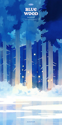 PSD 나무 일러스트 사람없음 파란색 빛 반사 연못 풀 숲속 감성 몽환 국내일러스트 식물 컬러 컨셉 숲 파일형식