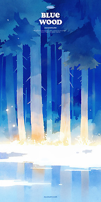 PSD 나무 일러스트 사람없음 파란색 빛 반사 연못 풀 숲속 감성 몽환 국내일러스트 식물 컬러 컨셉 숲 파일형식