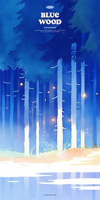 PSD 나무 일러스트 잔디 사람없음 파란색 빛 반사 연못 숲속 감성 몽환 국내일러스트 식물 컬러 컨셉 숲 파일형식