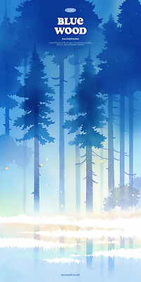 PSD 나무 일러스트 잔디 사람없음 파란색 빛 반사 연못 숲속 감성 몽환 국내일러스트 식물 컬러 컨셉 숲 파일형식