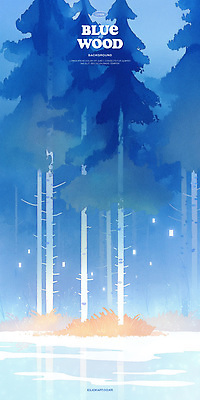 PSD 나무 일러스트 사람없음 파란색 빛 반사 연못 풀 숲속 감성 몽환 국내일러스트 식물 컬러 컨셉 숲 파일형식