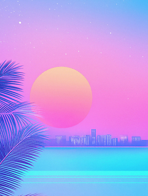 JPG 바다 분홍색 일러스트 하늘 사람없음 파란색 태양 일몰 도시 분위기 네온 그라데이션 야자수잎 국내일러스트 AI일러스트 AI콘텐츠 자연요소 컬러 컨셉 잎 노을 파일형식