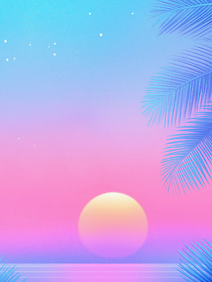 JPG 바다 분홍색 일러스트 하늘 사람없음 파란색 태양 일몰 분위기 네온 그라데이션 야자수잎 국내일러스트 AI일러스트 AI콘텐츠 자연요소 컬러 컨셉 잎 노을 파일형식