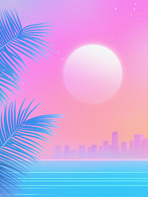 JPG 바다 분홍색 일러스트 하늘 사람없음 파란색 태양 일몰 도시 분위기 네온 그라데이션 야자수잎 국내일러스트 AI일러스트 AI콘텐츠 자연요소 컬러 컨셉 잎 노을 파일형식