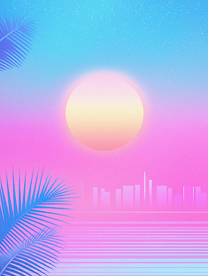 JPG 바다 분홍색 일러스트 하늘 사람없음 파란색 태양 일몰 도시 분위기 네온 그라데이션 야자수잎 국내일러스트 AI일러스트 AI콘텐츠 자연요소 컬러 컨셉 잎 노을 파일형식