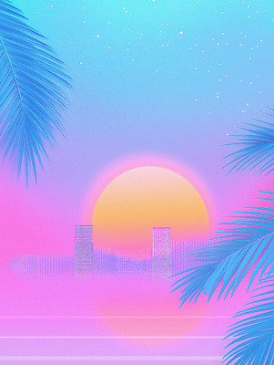JPG 바다 분홍색 일러스트 하늘 사람없음 파란색 태양 반사 일몰 도시 분위기 네온 그라데이션 야자수잎 국내일러스트 AI일러스트 AI콘텐츠 자연요소 컬러 컨셉 잎 노을 파일형식