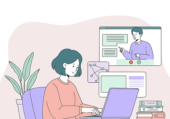 식물 여자 남자 화분 대학생 분홍색 일러스트 수업 미소 상반신 성인 두명 책 노트북 학습 쌓기 가리킴 타이핑 강의 온라인 인터넷창 화상통화 성인만 원격수업 국내일러스트 AI파일 학생 교육 컬러 인터넷 모션 표정 사람 손짓 전자제품 통화 온라인강의 원격 파일형식 벡터