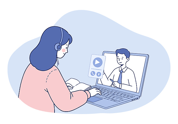 여자 남자 대학생 일러스트 수업 미소 들기 상반신 성인 두명 책 파란색 노트북 학습 펜 헤드폰 타이핑 강의 온라인 화상통화 성인만 원격수업 국내일러스트 AI파일 학생 교육 컬러 음향기기 모션 표정 사람 전자제품 필기구 통화 온라인강의 원격 파일형식 벡터