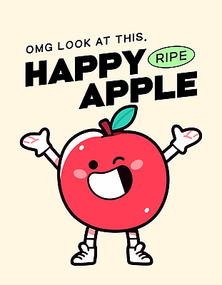 행복 잎 일러스트 미소 사람없음 빨간색 눈감음 만세 사과 과일캐릭터 사과캐릭터 연노랑색 일러캐릭터 AI파일 식물 캐릭터 감정 컬러 과일 모션 표정 노란색 파일형식 벡터