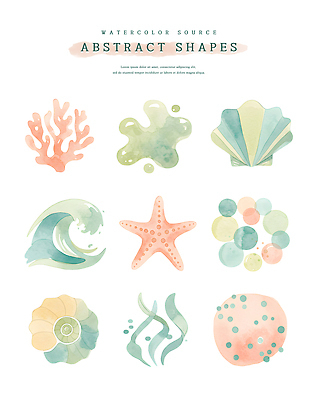PSD 파도 일러스트 추상 조개 수채화 불가사리 사람없음 원형 해초 산호 오브젝트 겹침 국내일러스트 도형 바다 무늬 어패류 극피동물 해조류 자포동물 파일형식