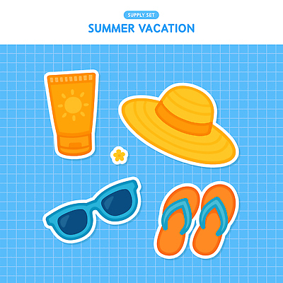 꽃 하늘색 스티커 일러스트 사람없음 여름휴가 선글라스 쪼리 선크림 오브젝트 밀짚모자 격자 엘리먼트 준비물 국내일러스트 AI파일 식물 모자_잡화 안경 무늬 휴가 파란색 화장품 샌들 파일형식 벡터 여름_계절