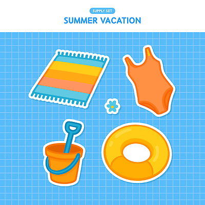 수영복 꽃 하늘색 스티커 일러스트 사람없음 여름휴가 수건 삽 양동이 오브젝트 격자 튜브 엘리먼트 준비물 국내일러스트 AI파일 식물 옷 무늬 휴가 파란색 위생용품 파일형식 벡터 여름_계절