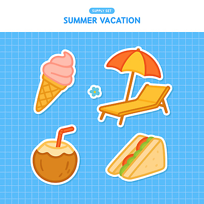 꽃 하늘색 스티커 일러스트 샌드위치 빨대 사람없음 여름휴가 파라솔 오브젝트 선베드 격자 콘아이스크림 엘리먼트 준비물 코코넛주스 국내일러스트 AI파일 식물 음식 무늬 의자 휴가 아이스크림 파란색 주스 코코넛 파일형식 벡터 여름_계절