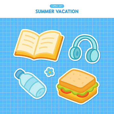 꽃 하늘색 스티커 일러스트 샌드위치 사람없음 책 여름휴가 헤드폰 물병 생수 오브젝트 격자 엘리먼트 준비물 국내일러스트 AI파일 식물 음식 음향기기 무늬 휴가 파란색 물통 파일형식 벡터 여름_계절