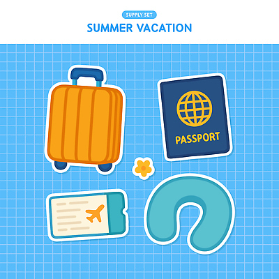 꽃 하늘색 스티커 일러스트 사람없음 여름휴가 캐리어 항공권 오브젝트 여권 격자 목베개 엘리먼트 준비물 국내일러스트 AI파일 식물 무늬 휴가 파란색 여행가방 티켓 파일형식 벡터 여름_계절
