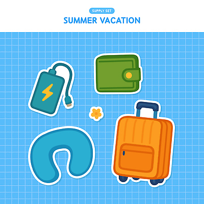 꽃 하늘색 스티커 일러스트 사람없음 여름휴가 캐리어 지갑 오브젝트 격자 목베개 보배 엘리먼트 준비물 국내일러스트 AI파일 식물 무늬 휴가 파란색 여행가방 약어 파일형식 벡터 여름_계절