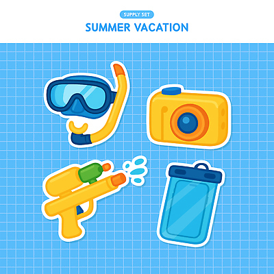 하늘색 스티커 일러스트 사람없음 여름휴가 카메라 물방울 물안경 오브젝트 격자 스노클링용품 물총 엘리먼트 준비물 방수팩 국내일러스트 AI파일 스포츠용품 무늬 휴가 파란색 전자제품 스노클링 수영용품 방수 파일형식 벡터 여름_계절