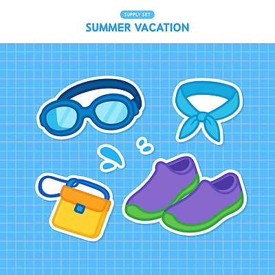 하늘색 신발 스티커 가방 일러스트 사람없음 여름휴가 스카프 물방울 물안경 오브젝트 격자 엘리먼트 준비물 국내일러스트 AI파일 잡화 무늬 휴가 파란색 목도리 수영용품 파일형식 벡터 여름_계절