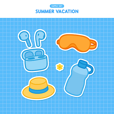 꽃 하늘색 스티커 일러스트 사람없음 여름휴가 물병 오브젝트 격자 무선이어폰 안대 엘리먼트 준비물 챙모자 국내일러스트 AI파일 식물 모자_잡화 이어폰 무늬 휴가 파란색 물통 파일형식 벡터 여름_계절