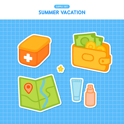 하늘색 스티커 지도 지폐 일러스트 사람없음 여름휴가 동전 지갑 구급상자 선크림 오브젝트 격자 GPS 엘리먼트 준비물 튜브용기 국내일러스트 AI파일 돈 무늬 휴가 파란색 화장품 의료용품 용기_그릇 파일형식 벡터 여름_계절
