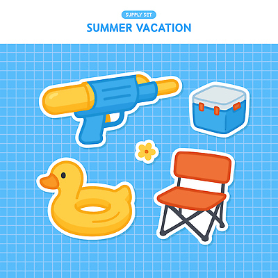 꽃 하늘색 스티커 의자 일러스트 사람없음 여름휴가 오브젝트 격자 아이스박스 물총 엘리먼트 오리튜브 준비물 국내일러스트 AI파일 식물 가구 무늬 휴가 파란색 튜브 파일형식 벡터 여름_계절