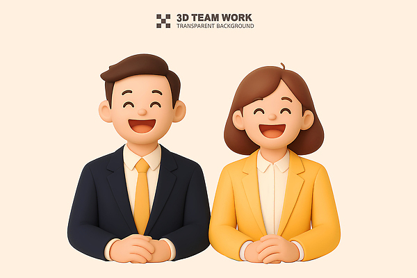 PSD 편집이미지 여자 남자 비즈니스 성공 협력 함께함 미소 정장 상반신 성인 두명 3D 비즈니스맨 비즈니스우먼 손모으기 연분홍색 성인만 편집3D 옷 분홍색 컨셉 표정 사람 손짓 직장인 디지털합성 파일형식