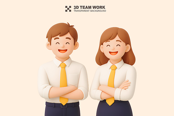 PSD 편집이미지 여자 남자 비즈니스 성공 협력 함께함 미소 정장 상반신 성인 두명 3D 팔짱 비즈니스맨 비즈니스우먼 연분홍색 성인만 편집3D 옷 분홍색 컨셉 모션 표정 사람 직장인 디지털합성 파일형식