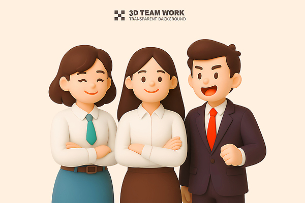 PSD 편집이미지 여자 남자 비즈니스 성공 협력 함께함 미소 정장 상반신 성인 세명 3D 손들기 팔짱 비즈니스맨 비즈니스우먼 연분홍색 성인만 편집3D 옷 분홍색 컨셉 모션 표정 사람 직장인 디지털합성 파일형식
