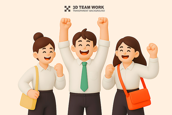 PSD 편집이미지 여자 남자 가방 비즈니스 성공 협력 함께함 미소 정장 상반신 성인 세명 3D 손들기 만세 비즈니스맨 비즈니스우먼 연분홍색 성인만 편집3D 잡화 옷 분홍색 컨셉 모션 표정 사람 직장인 디지털합성 파일형식