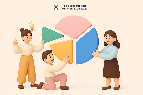 전신 PSD 편집이미지 여자 남자 비즈니스 전구 성공 협력 함께함 미소 들기 성인 세명 3D 가리킴 비즈니스맨 비즈니스우먼 무릎꿇기 원그래프 연분홍색 성인만 편집3D 분홍색 컨셉 모션 그래프 표정 사람 손짓 직장인 디지털합성 파일형식