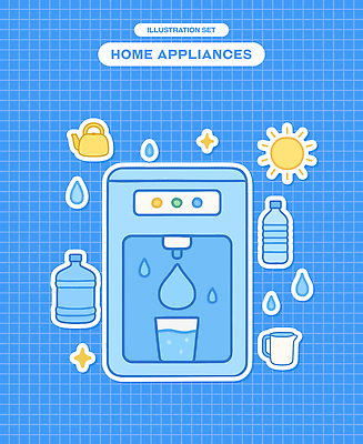 스티커 일러스트 주전자 사람없음 컵 파란색 반짝임 태양 가전제품 물방울 물통 물병 오브젝트 격자 엘리먼트 정수기 국내일러스트 AI파일 자연요소 식기 컬러 무늬 모션 주방용품 파일형식 벡터