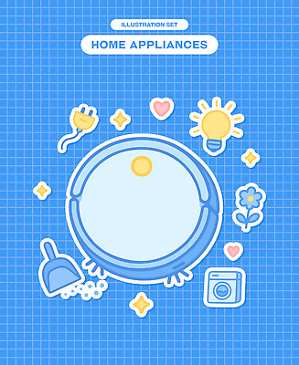 꽃 스티커 일러스트 전구 사람없음 파란색 반짝임 하트 콘센트 오브젝트 격자 세탁기 쓰레받기 엘리먼트 청소로봇 국내일러스트 AI파일 모양 식물 컬러 무늬 모션 가전제품 청소도구 로봇 파일형식 벡터