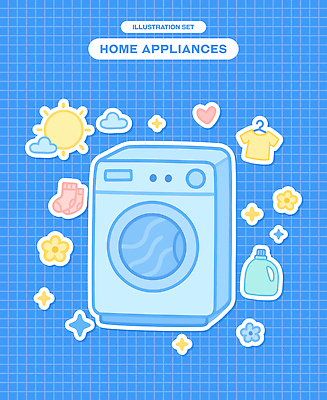 구름 옷 꽃 스티커 일러스트 양말 사람없음 파란색 반짝임 태양 하트 옷걸이 오브젝트 격자 세탁기 엘리먼트 빨래세제 국내일러스트 AI파일 자연요소 모양 식물 컬러 무늬 모션 가전제품 세제 파일형식 벡터