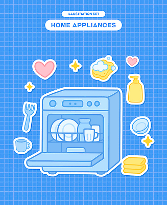 그릇 접시 포크 스티커 일러스트 사람없음 컵 파란색 반짝임 수건 하트 물병 오브젝트 격자 수세미 비누거품 식기세척기 엘리먼트 주방세제 국내일러스트 AI파일 모양 식기 컬러 무늬 모션 위생용품 거품 가전제품 세제 물통 파일형식 벡터