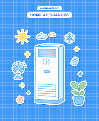 식물 구름 꽃 화분 스티커 일러스트 눈꽃 사람없음 파란색 반짝임 태양 선풍기 리모컨 에어컨 오브젝트 격자 엘리먼트 국내일러스트 AI파일 자연요소 컬러 무늬 모션 눈_날씨 가전제품 파일형식 벡터