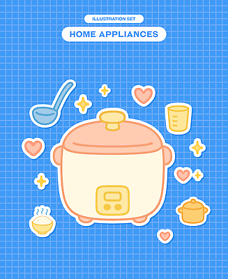 스티커 일러스트 밥 사람없음 컵 파란색 반짝임 가전제품 하트 냄비 오브젝트 국자 격자 밥그릇 밥솥 엘리먼트 국내일러스트 AI파일 모양 그릇 식기 음식 컬러 무늬 모션 주방용품 솥 파일형식 벡터