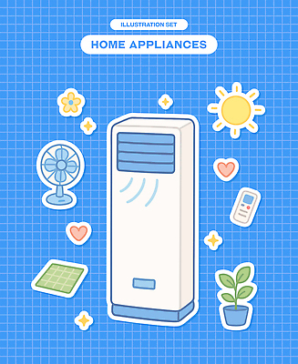 식물 꽃 화분 스티커 일러스트 사람없음 파란색 반짝임 태양 하트 선풍기 리모컨 에어컨 오브젝트 격자 손수건 엘리먼트 국내일러스트 AI파일 자연요소 모양 컬러 무늬 모션 가전제품 파일형식 벡터