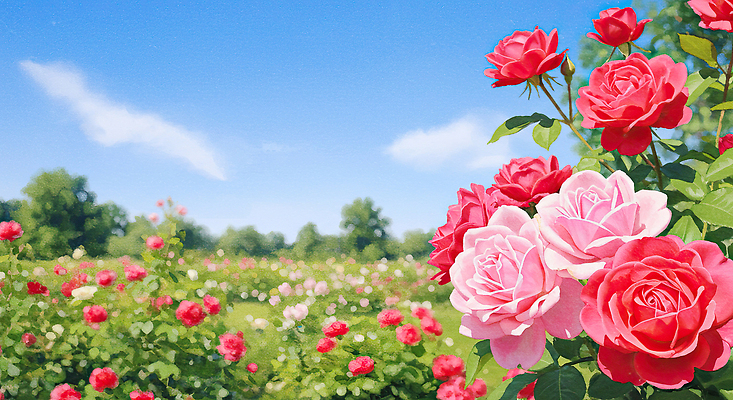 JPG 나무 구름 잎 꽃백그라운드 일러스트 자연 하늘 수채화 풍경 사람없음 장미 정원 봄풍경 국내일러스트 AI일러스트 AI콘텐츠 자연요소 식물 꽃 백그라운드 봄 생태계 파일형식